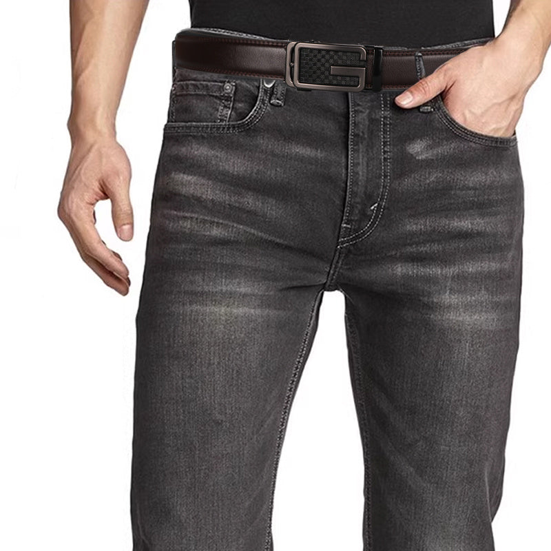 Cinturón de trinquete para hombre, ajustable, de cuero genuino de 1 3/8", con longitud ajustable.