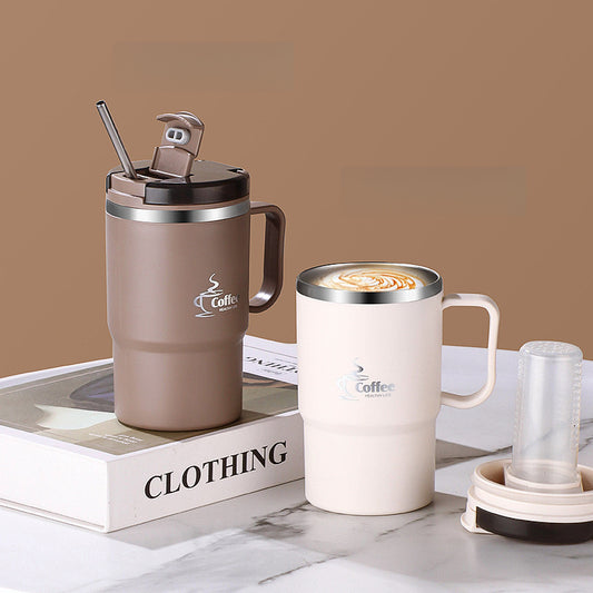 Taza grande de acero inoxidable de 550 ml/19,3 oz con tapa y cuchara, reutilizable, sin aislamiento, ideal para oficina, estudiantes, deportes, actividades al aire libre, regalo de Halloween y Navidad.