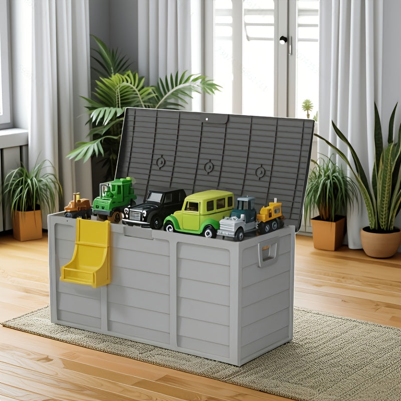 Caja de almacenamiento exterior de resina de 75 galones con asas. Ideal para accesorios de piscina, herramientas de jardín, equipo de camping, regalo navideño. Fácil de montar. Ideal como caja, armario o estante para almac