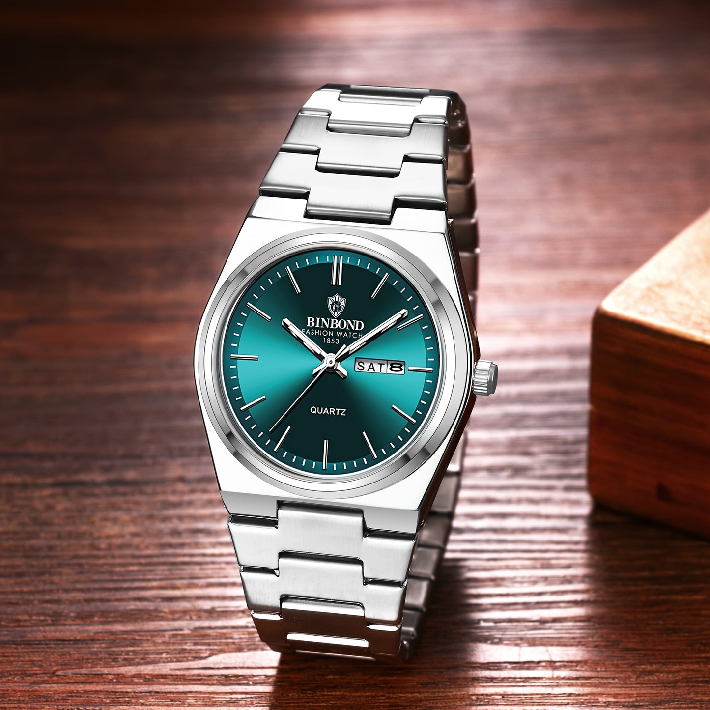 Reloj de acero inoxidable de lujo para hombre con esfera luminosa verde turquesa, indicador de semana/fecha/día/segundero, movimiento de cuarzo, correa sólida - Reloj de vestir profesional para negocios, viajes, buceo (-) -