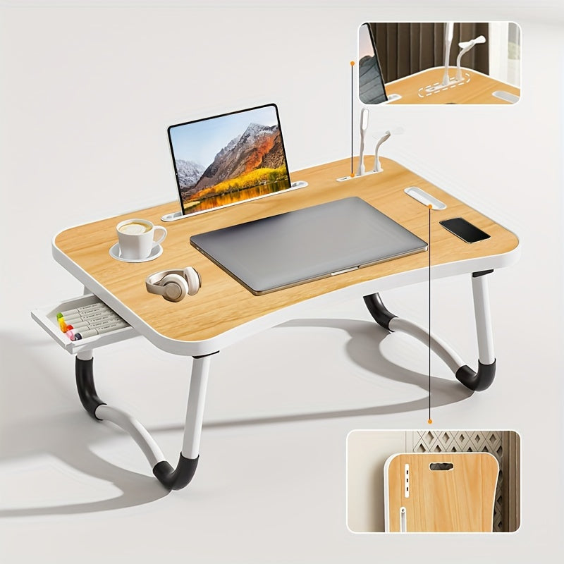 Mesa de cama portátil para portátil con portavasos y bandeja multifuncional - Escritorio de noche plegable con ranura para tarjeta para tableta, diseño robusto en forma de A, ligero y compacto para comer, leer, escribir en
