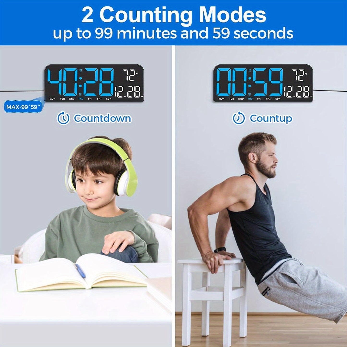 Reloj despertador digital LED extragrande con pantalla extragrande, atenuador automático y control remoto. Reloj moderno grande con temperatura, fecha, semana, temporizador/cuenta regresiva, modo 12/24 h, pantalla LED fácil