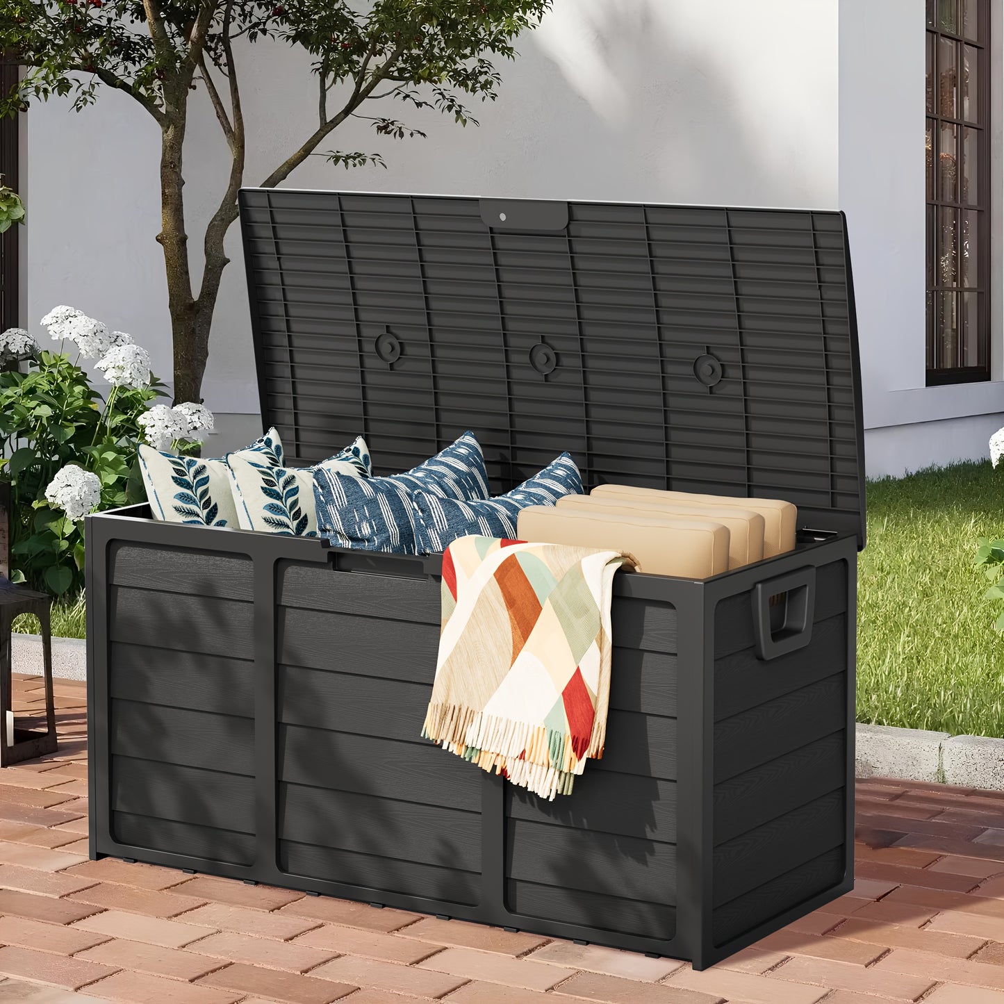 Caja de almacenamiento exterior de resina de 75 galones con asas. Ideal para accesorios de piscina, herramientas de jardín, equipo de camping, regalo navideño. Fácil de montar. Ideal como caja, armario o estante para almac