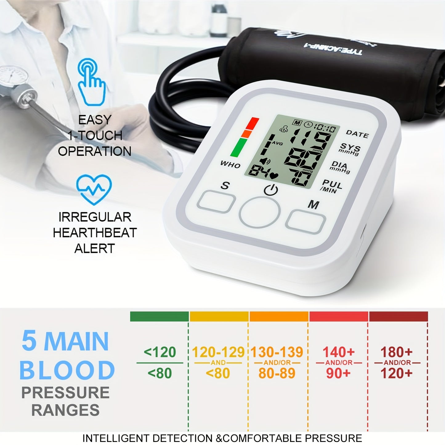Tensiómetro portátil de brazo todo en uno | Pantalla LCD grande, control con un solo toque, informes de voz, alertas de hipertensión, memoria de 2x99, brazalete ajustable | Imprescindible para el hogar y viajes, ideal para