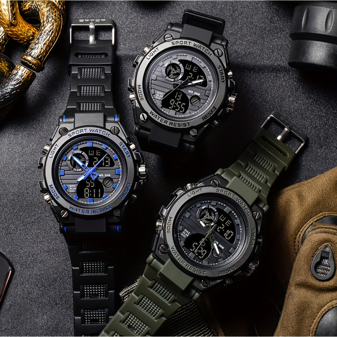 Reloj deportivo LED digital y analógico resistente para hombre (hasta 30 m, cronómetro, pantalla dual, correa de resina negra duradera, caja de aleación de zinc, para aventuras al aire libre).