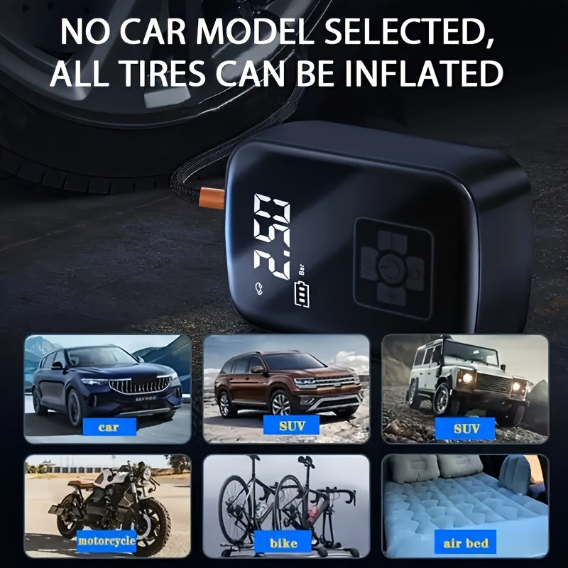 Inflador de neumáticos portátil con pantalla digital, compresor de aire inalámbrico rápido, recargable por USB, adaptador de boquilla multifunción, batería de litio de larga duración para neumáticos y balones de coche