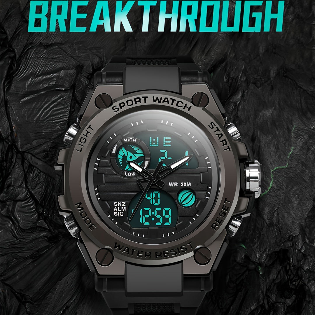Reloj deportivo LED digital y analógico resistente para hombre (hasta 30 m, cronómetro, pantalla dual, correa de resina negra duradera, caja de aleación de zinc, para aventuras al aire libre).
