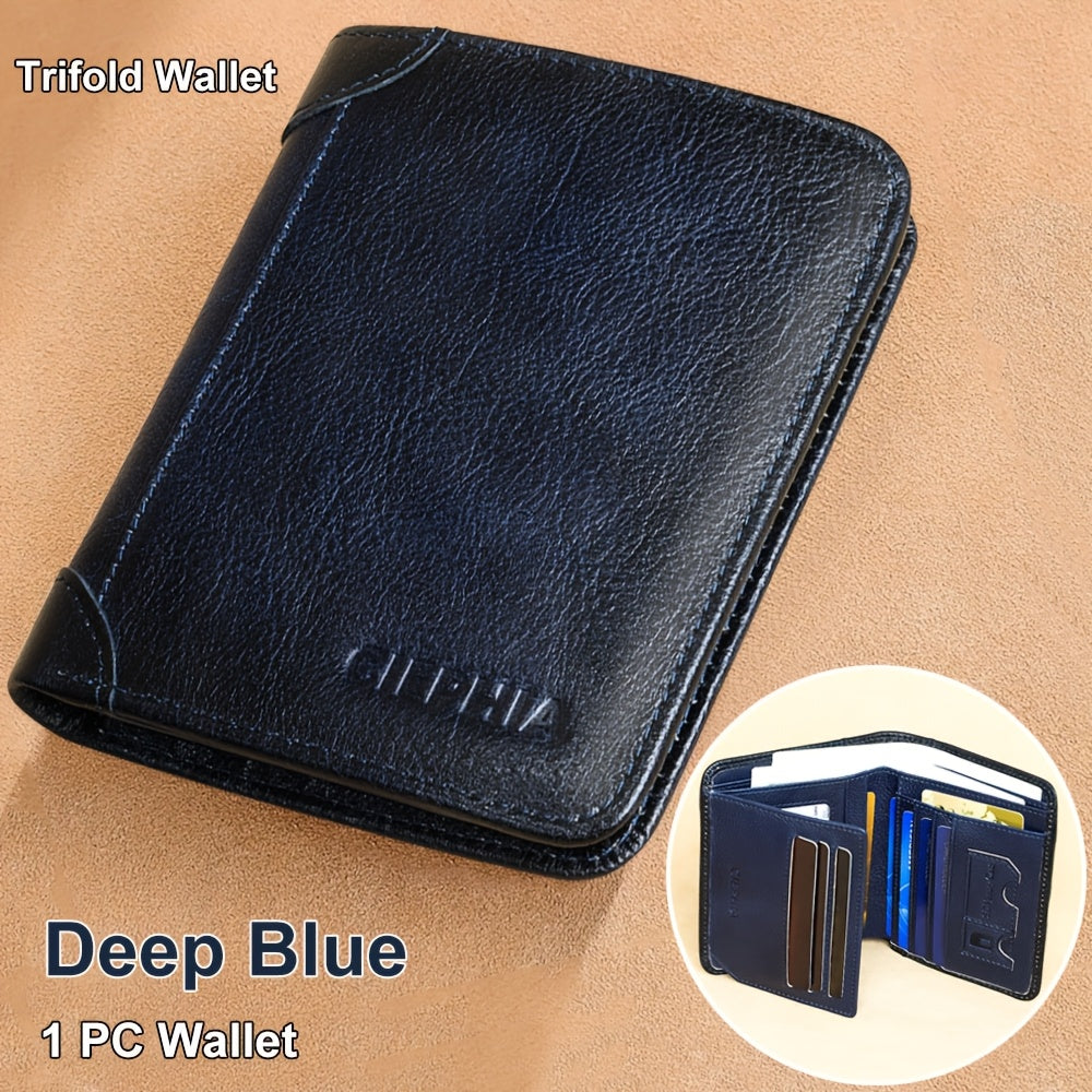 [Cartera de cuero RFID] Regalos para el Día del Padre para hombres, billeteras triples de cuero genuino con bloqueo RFID para hombre, tarjetero multifunción vintage de piel de vacuno de primera capa, pinzas para billetes co