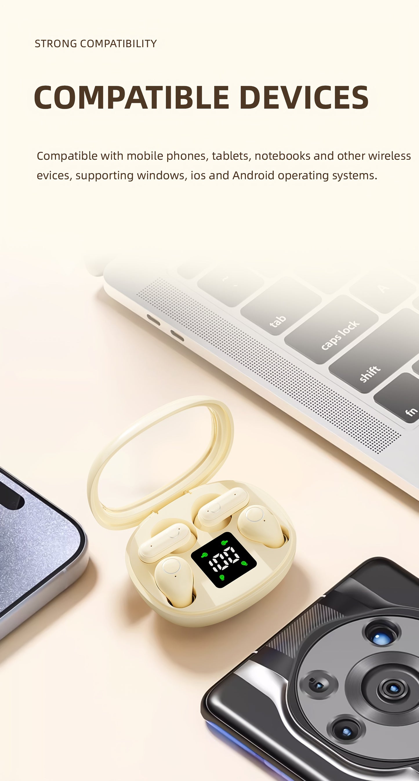 Auriculares inalámbricos deportivos ultracompactos con mango corto, estéreo de graves Hi-Fi, calidad de sonido dual 5.4, reducción de ruido cómoda, pantalla digital de alta definición con micrófono, tiempo de espera ult