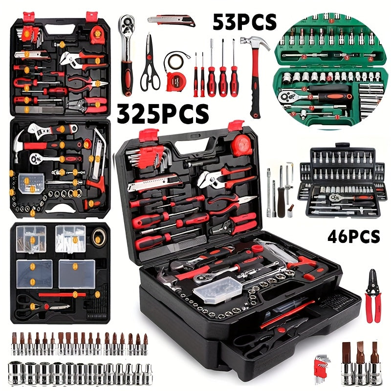 Kit de herramientas automotrices profesionales de 325/53/46 piezas - Juegos de herramientas premium para el mantenimiento de autos, motos y bicicletas - Solución compacta, portátil y todo en uno con llave de trinquete, jueg