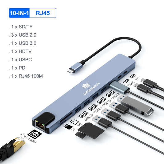 Estación de acoplamiento USB C, adaptador concentrador USB-C 10 en 1 compatible con HDTV 4K, con RJ45 Ethernet, 3 puertos USB PD y SD/TF - Accesorios para portátiles