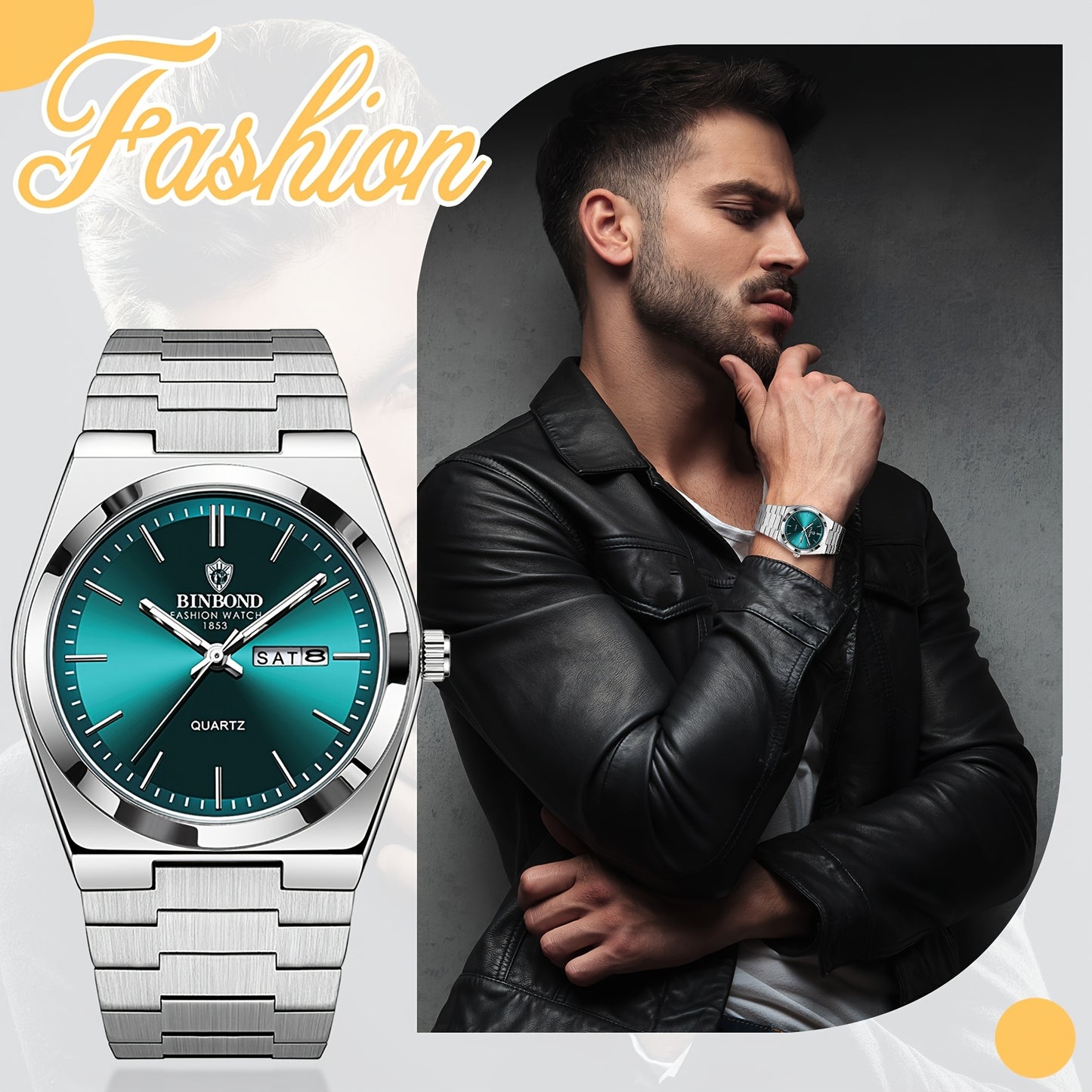 Reloj de acero inoxidable de lujo para hombre con esfera luminosa verde turquesa, indicador de semana/fecha/día/segundero, movimiento de cuarzo, correa sólida - Reloj de vestir profesional para negocios, viajes, buceo (-) -
