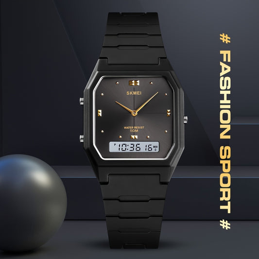 Reloj deportivo SKMEI para hombre con doble pantalla y detalles en negro y dorado - 50 m, correa de TPU, movimiento de cuarzo para actividades al aire libre, ropa informal y deportes | Diseño elegante | Reloj resistente