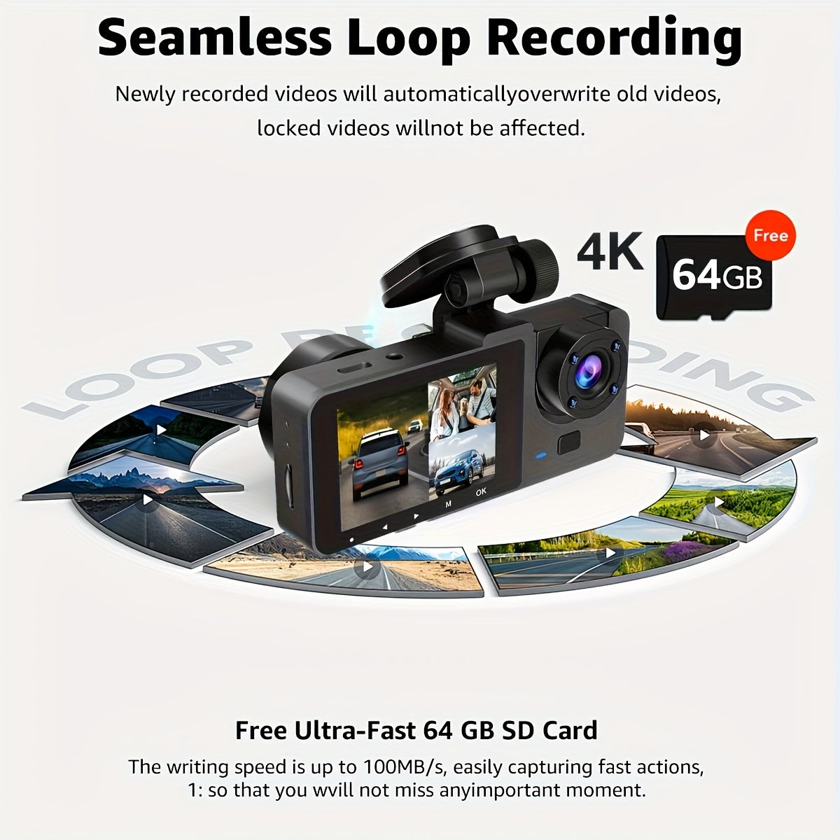 Cámara de salpicadero frontal 4K/1080P integrada de tres canales, frontal y trasera, grabadora de conducción Full HD, cámara para coche con visión nocturna por infrarrojos, grabación en bucle, incluye tarjeta SD de 64 GB