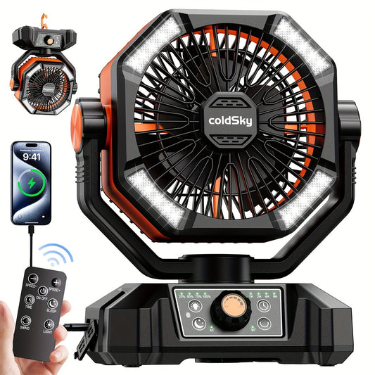Ventilador de camping portátil con batería de 20000 mAh, motor doble, 8 velocidades, control remoto y 4 linternas LED. Ideal para exteriores, ideal para tiendas de campaña, cortes de luz y obras.