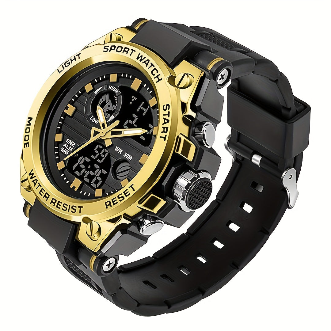 Reloj deportivo LED digital y analógico resistente para hombre (hasta 30 m, cronómetro, pantalla dual, correa de resina negra duradera, caja de aleación de zinc, para aventuras al aire libre).