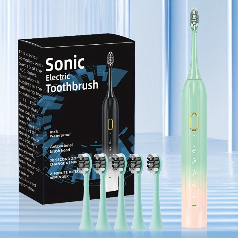 Cepillo de dientes eléctrico sónico resistente al agua IPX8 con carga USB, ideal para parejas, con cabezal reemplazable y eje metálico, temporizador inteligente y 5 cabezales de repuesto.