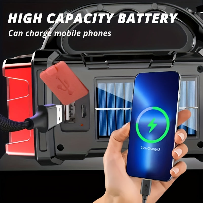 Linterna LED solar recargable de mano de alta potencia para exteriores, ideal para camping, emergencias, caza y trabajo. Incluye protección y carga USB y tipo C.