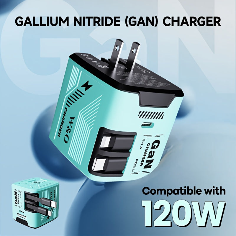 Cargador rápido portátil GaN de 120 W - Cable retráctil doble tipo C + Lightning de 120 cm, puerto de salida tipo C, enchufe plegable, duradero y antienredos - Compatible con iPhone 16/15/14/Plus/Pro Max, S25/S24 - Ideal p