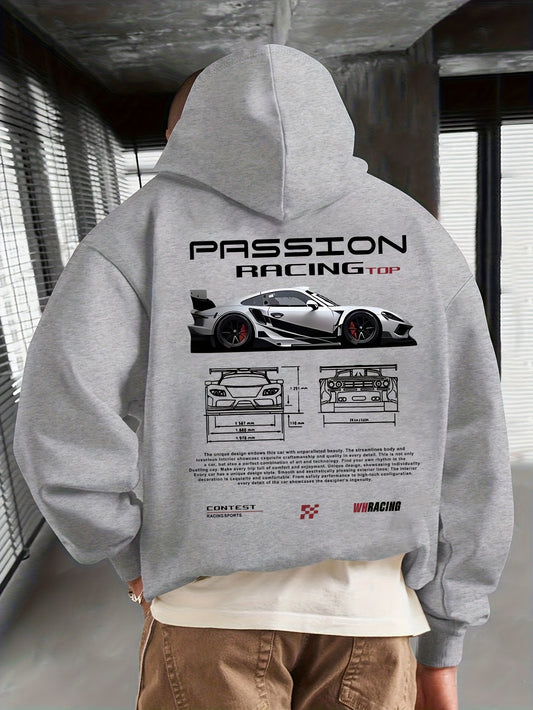 Sudadera polar con capucha y estampado de letras de carreras para hombre, otoño-invierno, con estampado de pasión por las carreras, banderas a cuadros y coches deportivos. Sudadera informal holgada con capucha y bolsillo de