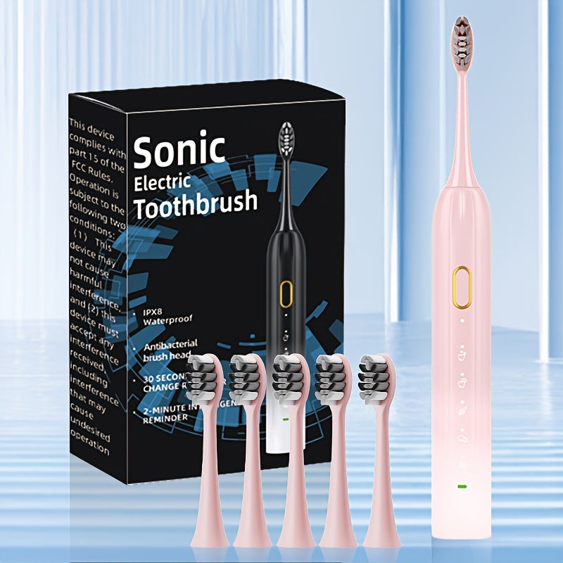 Cepillo de dientes eléctrico sónico resistente al agua IPX8 con carga USB, ideal para parejas, con cabezal reemplazable y eje metálico, temporizador inteligente y 5 cabezales de repuesto.