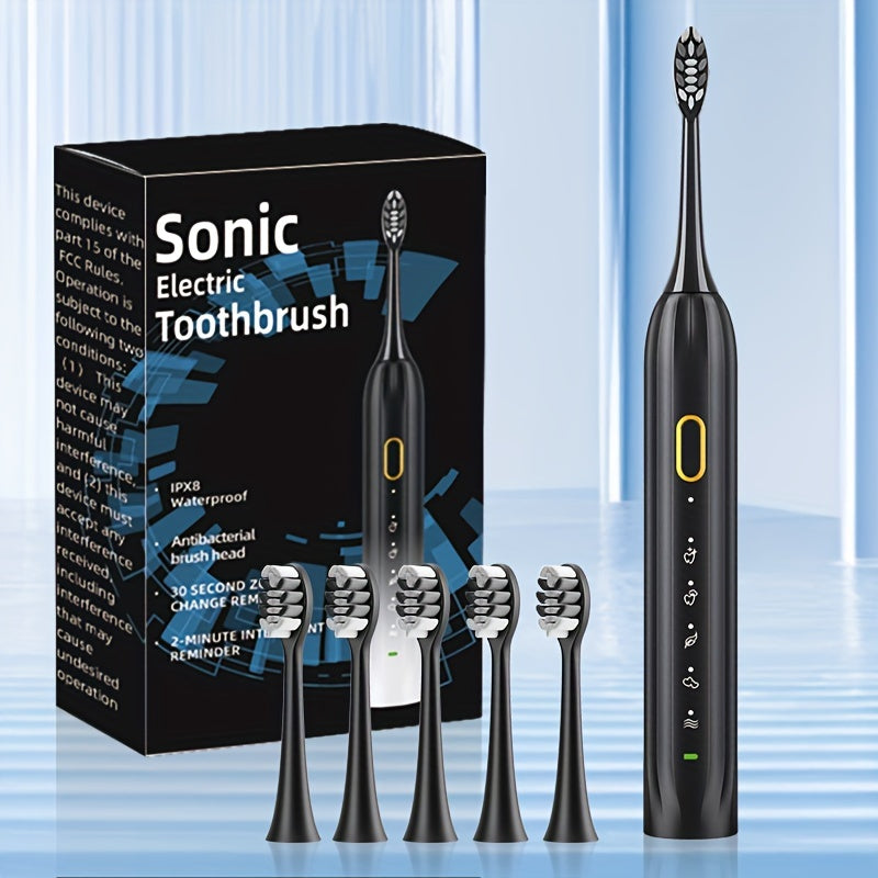 Cepillo de dientes eléctrico sónico resistente al agua IPX8 con carga USB, ideal para parejas, con cabezal reemplazable y eje metálico, temporizador inteligente y 5 cabezales de repuesto.