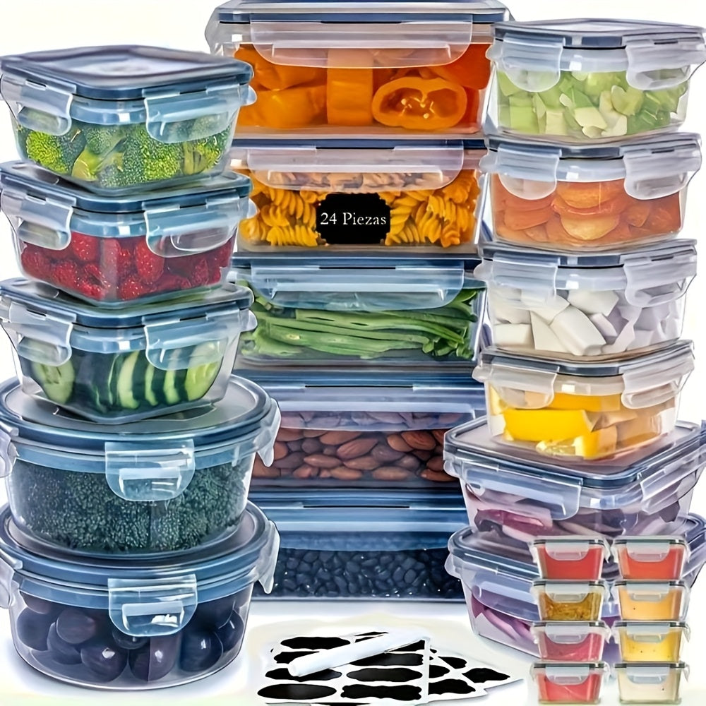 Juego de 48 recipientes de almacenamiento de alimentos de lujo de alta calidad: diseño sellado, libre de BPA, tapa fácil de cerrar, apilable y apto para microondas; incluye 24 recipientes, 24 tapas, etiquetas gratuitas y ro