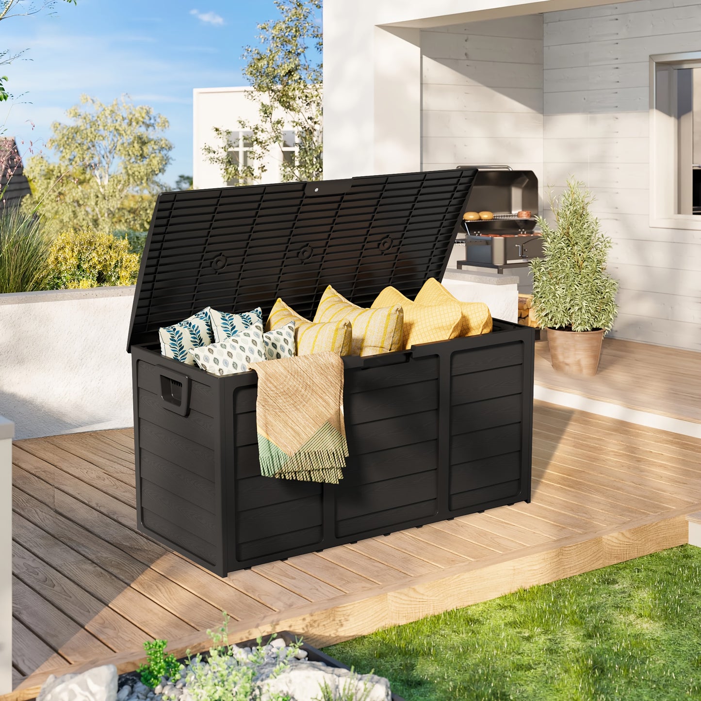 Caja de almacenamiento exterior de resina de 75 galones con asas. Ideal para accesorios de piscina, herramientas de jardín, equipo de camping, regalo navideño. Fácil de montar. Ideal como caja, armario o estante para almac