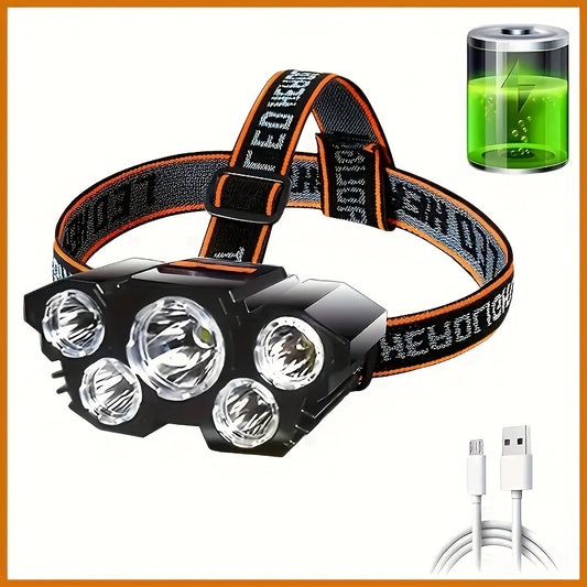 Linterna frontal recargable por USB de 5 LED para camping, correr y pescar, ideal para emergencias en el hogar y exteriores.