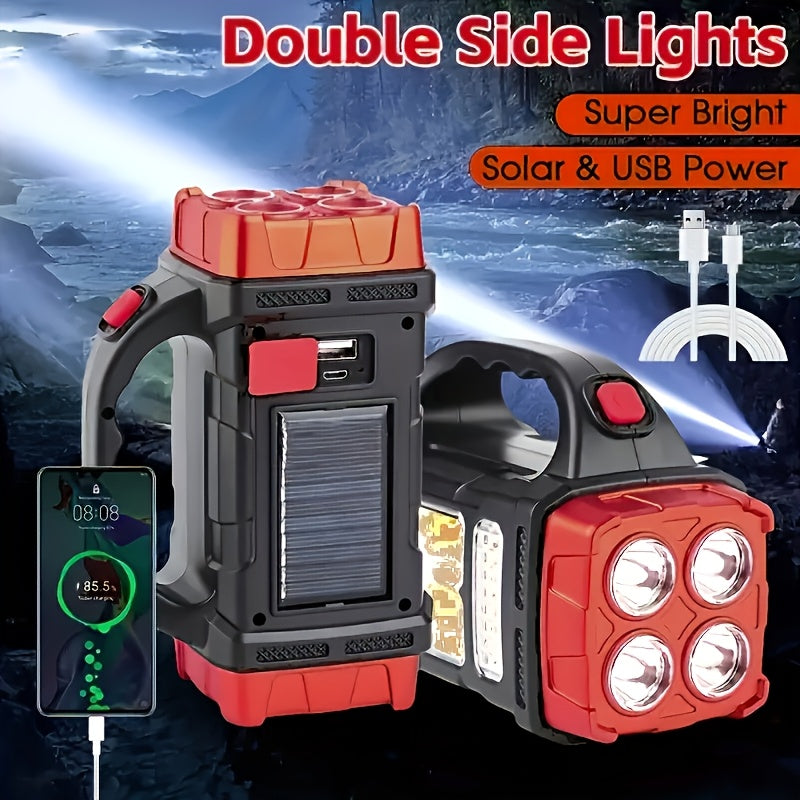 Linterna LED solar recargable de mano de alta potencia para exteriores, ideal para camping, emergencias, caza y trabajo. Incluye protección y carga USB y tipo C.