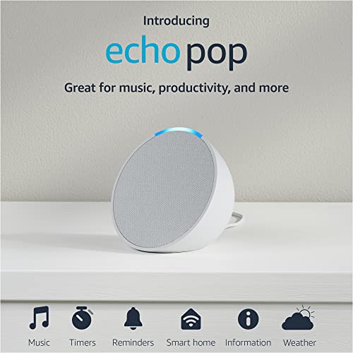 Amazon Echo Pop (modelo más reciente), nuestro altavoz Alexa más pequeño, se adapta a cualquier habitación, blanco glaciar