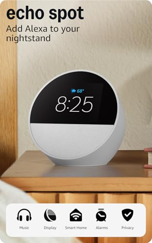 Amazon Echo Spot (modelo más reciente), ideal para mesitas de noche, oficinas y cocinas, despertador inteligente con Alexa, blanco glaciar