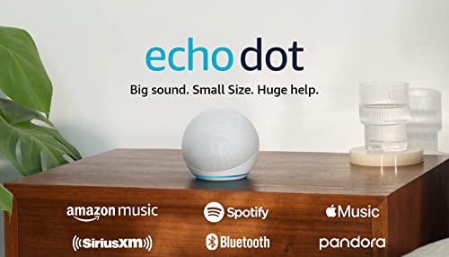 Amazon Echo Dot (modelo más reciente), altavoz Alexa con sonido vibrante, ideal para dormitorios, comedores y oficinas, blanco glaciar