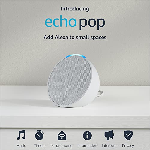 Amazon Echo Pop (modelo más reciente), nuestro altavoz Alexa más pequeño, se adapta a cualquier habitación, blanco glaciar