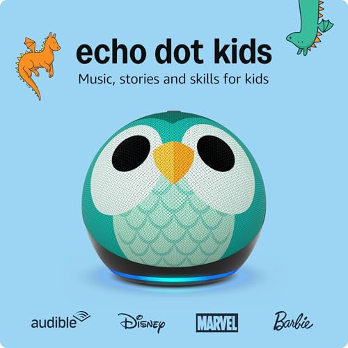 Amazon Echo Dot Kids con Alexa (modelo más reciente), diseñado para niños, con control parental, incluye 1 año de Amazon Kids+, búho