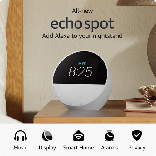 Amazon Echo Spot (modelo más reciente), ideal para mesitas de noche, oficinas y cocinas, despertador inteligente con Alexa, blanco glaciar