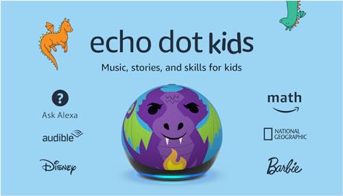 Amazon Echo Dot Kids con Alexa, diseñado para niños, con control parental, incluye 1 año de Amazon Kids+, Dragón