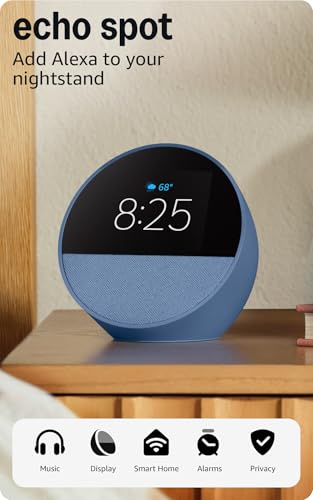 Amazon Echo Spot (modelo más reciente), ideal para mesitas de noche, oficinas y cocinas, despertador inteligente con Alexa, azul océano