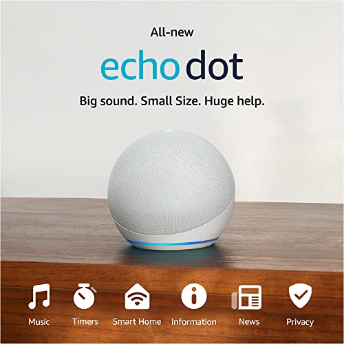 Amazon Echo Dot (modelo más reciente), altavoz Alexa con sonido vibrante, ideal para dormitorios, comedores y oficinas, blanco glaciar
