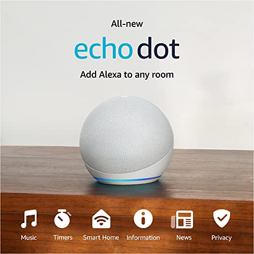 Amazon Echo Dot (modelo más reciente), altavoz Alexa con sonido vibrante, ideal para dormitorios, comedores y oficinas, blanco glaciar