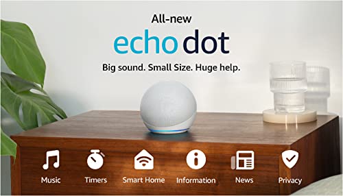 Amazon Echo Dot (modelo más reciente), altavoz Alexa con sonido vibrante, ideal para dormitorios, comedores y oficinas, blanco glaciar