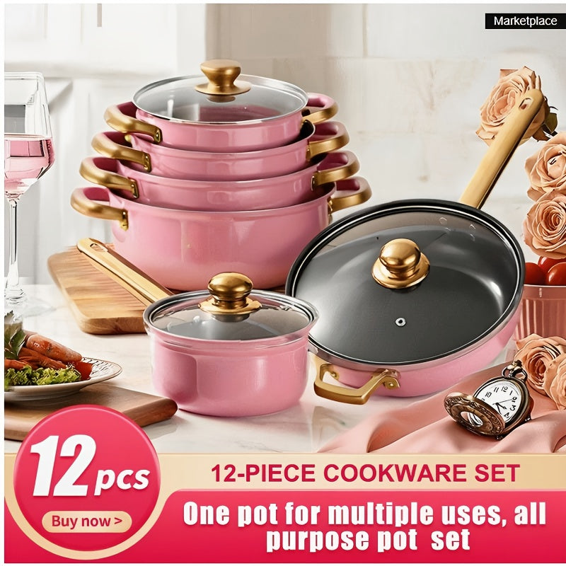 set de 12 ollas de acero inoxidable con tapa de vidrio y mango de acero inoxidable 16/ 18/20/22/24 cm.