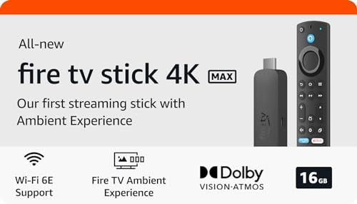 Dispositivo de streaming Amazon Fire TV Stick 4K Max con búsqueda Fire TV impulsada por IA, compatible con Wi-Fi 6E, TV gratuita y en directo sin cable ni satélite.