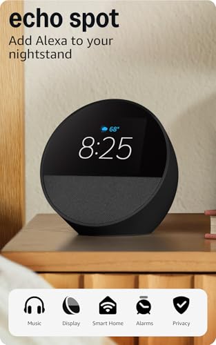 Amazon Echo Spot, ideal para mesitas de noche, oficinas y cocinas, despertador inteligente con Alexa, negro
