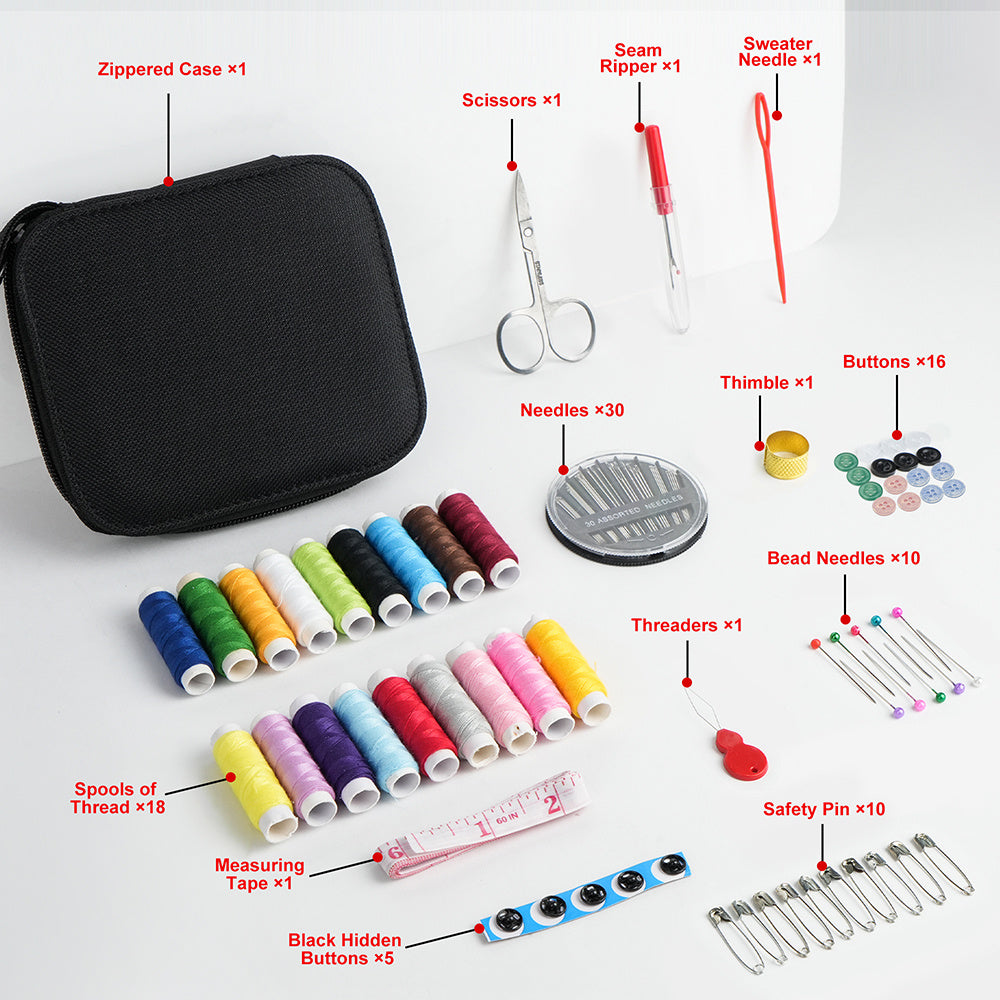 Kit de costura de 56 piezas para reparaciones de emergencia y pequeños arreglos, hilos, agujas y accesorios. Mini kit de costura de viaje básico, regalo para abuelas, mamás, amigas y adultos principiantes. Suministros de c