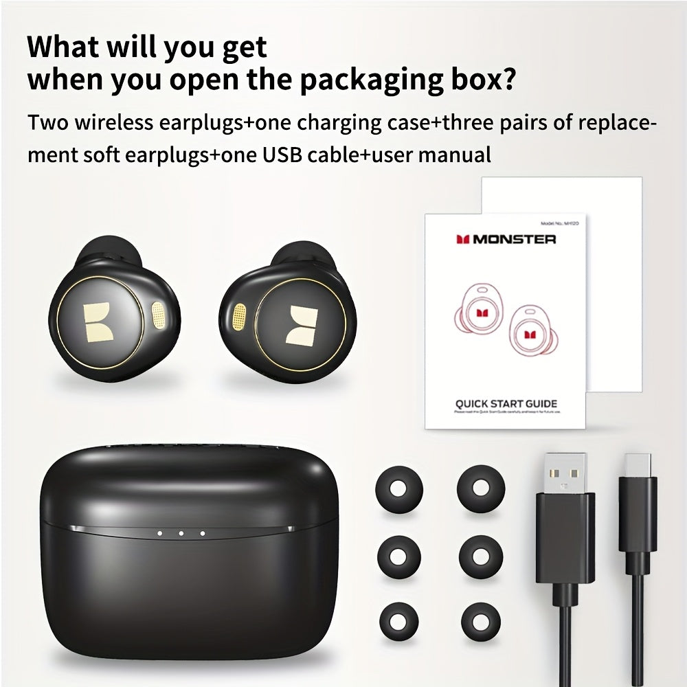 Auriculares inalámbricos Monster, intraaurales inalámbricos de 5.3" con 4 micrófonos, llamadas nítidas, cancelación de ruido, control táctil y estuche de carga tipo C. Cómodos auriculares inalámbricos para uso diario