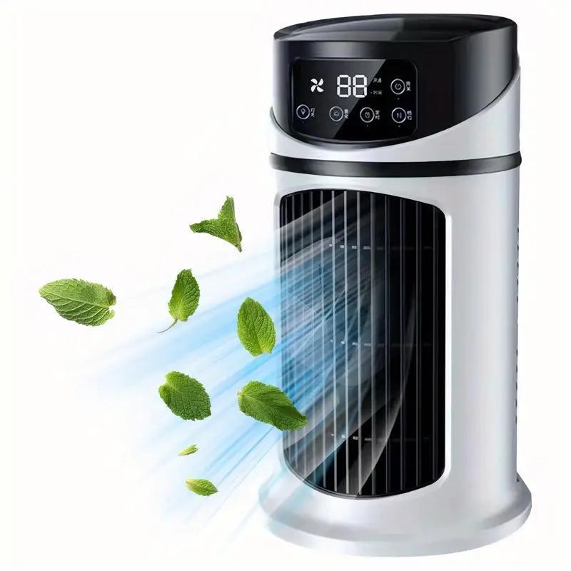 Aire acondicionado portátil 3 en 1, humidificador y ventilador con luz ambiental. Alimentación por USB para uso en interiores y exteriores. Diseño compacto para oficina y hogar. Elegante humidificador portátil en blanco y