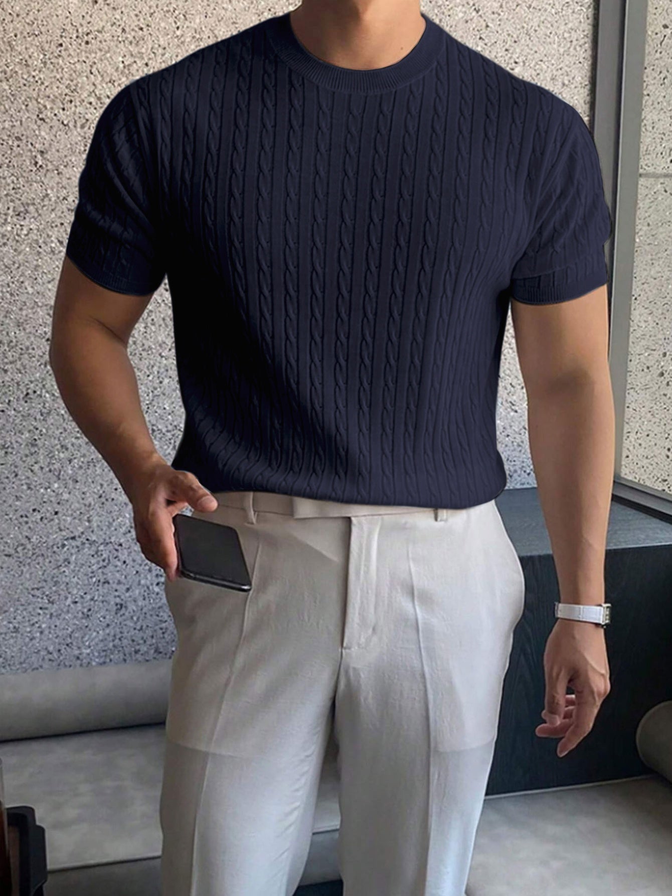 Suéter de punto trenzado con cuello redondo para hombre, manga corta y cuello acanalado