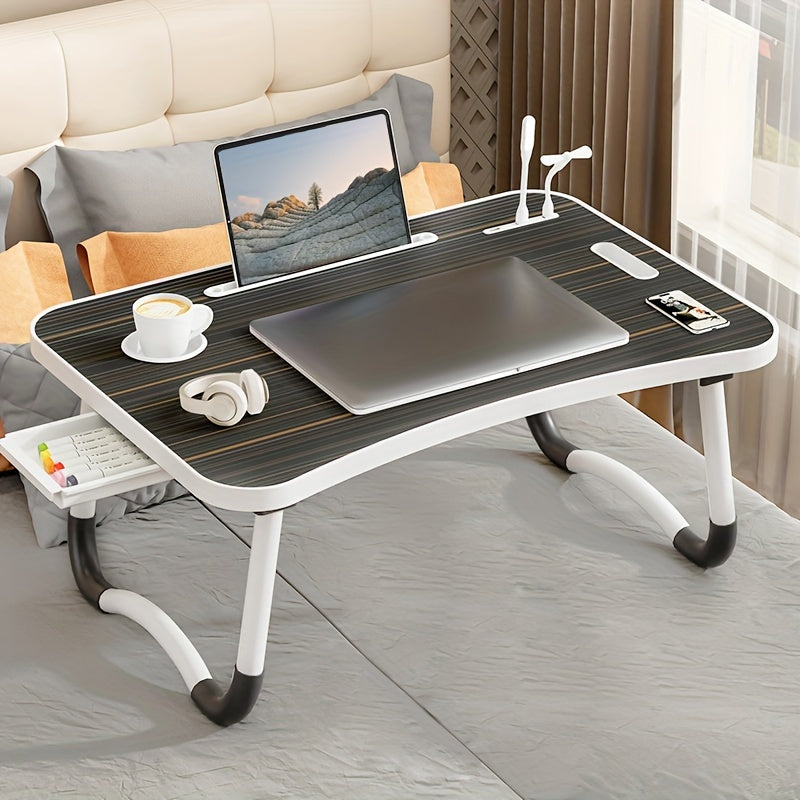 Mesa de cama portátil para portátil con portavasos y bandeja multifuncional - Escritorio de noche plegable con ranura para tarjeta para tableta, diseño robusto en forma de A, ligero y compacto para comer, leer, escribir en