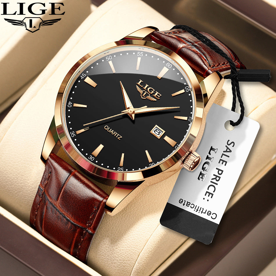 Hermoso reloj de cuarzo para hombre con correa de piel sintética. Ideal para negocio y ocasiones formales.